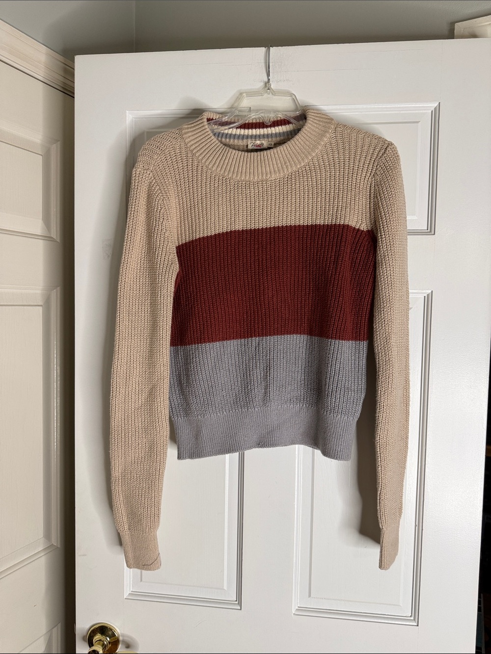 Faherty Three-Tone Crewneck Sweater in Beige, Rust & Light Gray small cozy